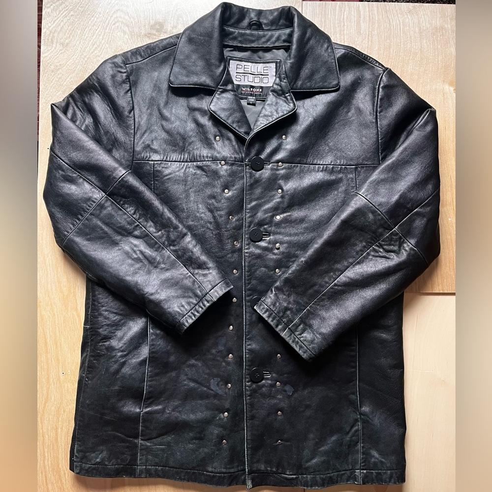 Vintage Pelle Studio Wilsons Black Leather Studded Coat Moto Jacket Large